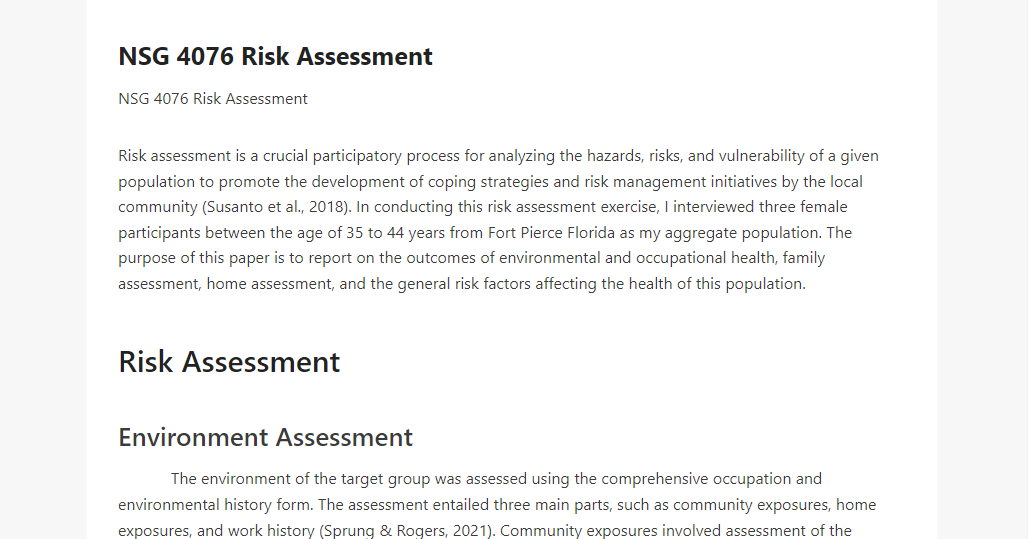 NSG 4076 Risk Assessment
