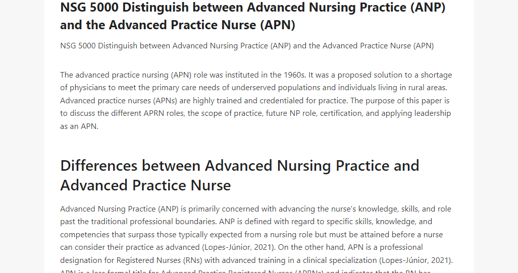 NSG 5000 Distinguish between Advanced Nursing Practice (ANP) and the Advanced Practice Nurse (APN)