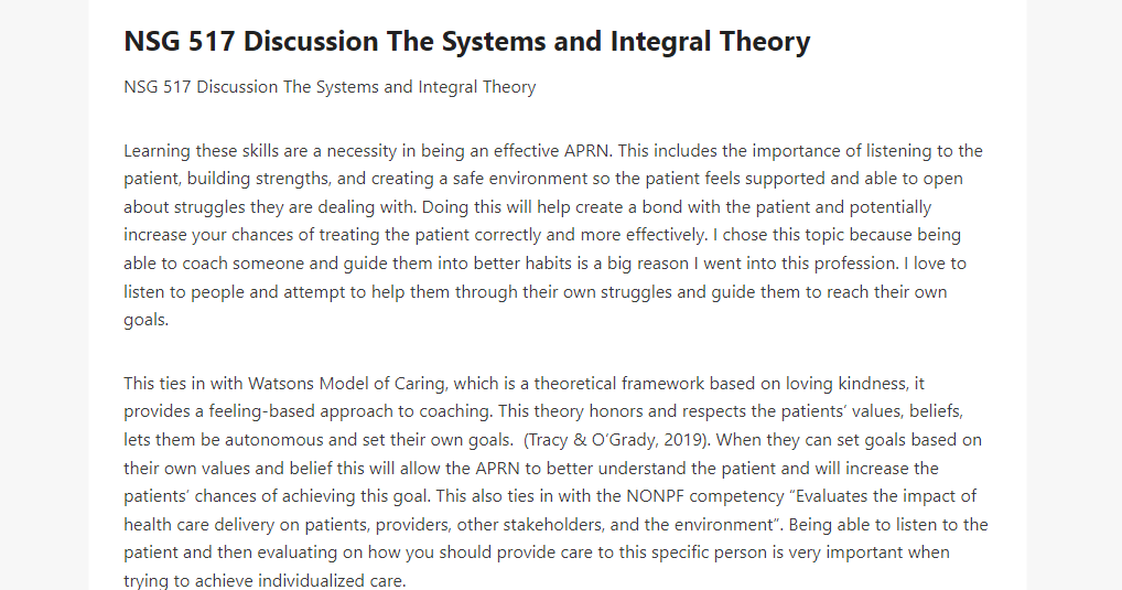 NSG 517 Discussion The Systems and Integral Theory
