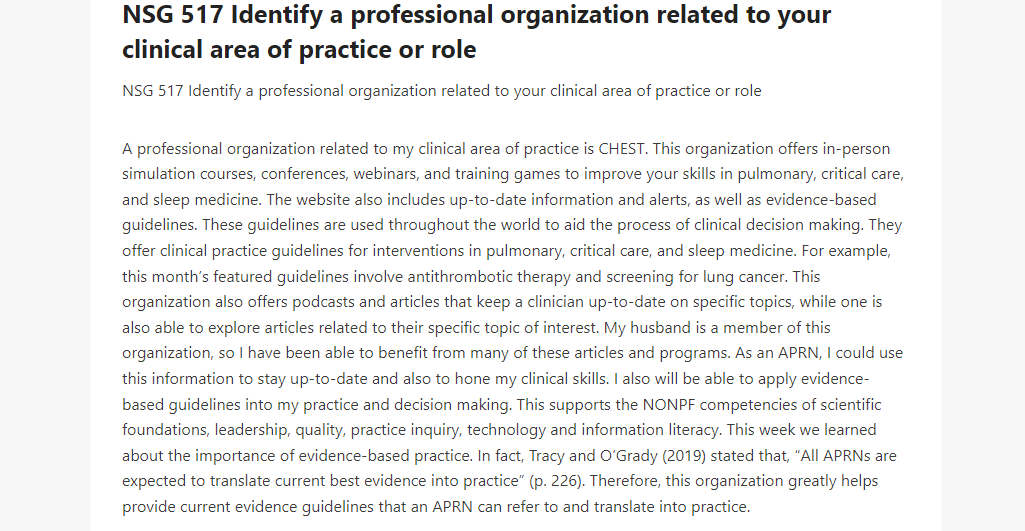 NSG 517 Identify a professional organization related to your clinical area of practice or role