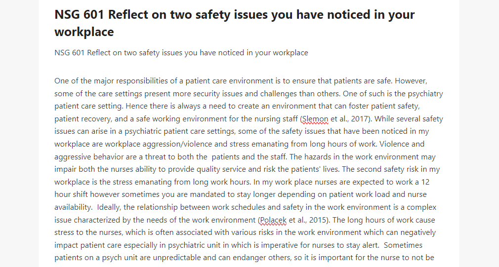 NSG 601 Reflect on two safety issues you have noticed in your workplace