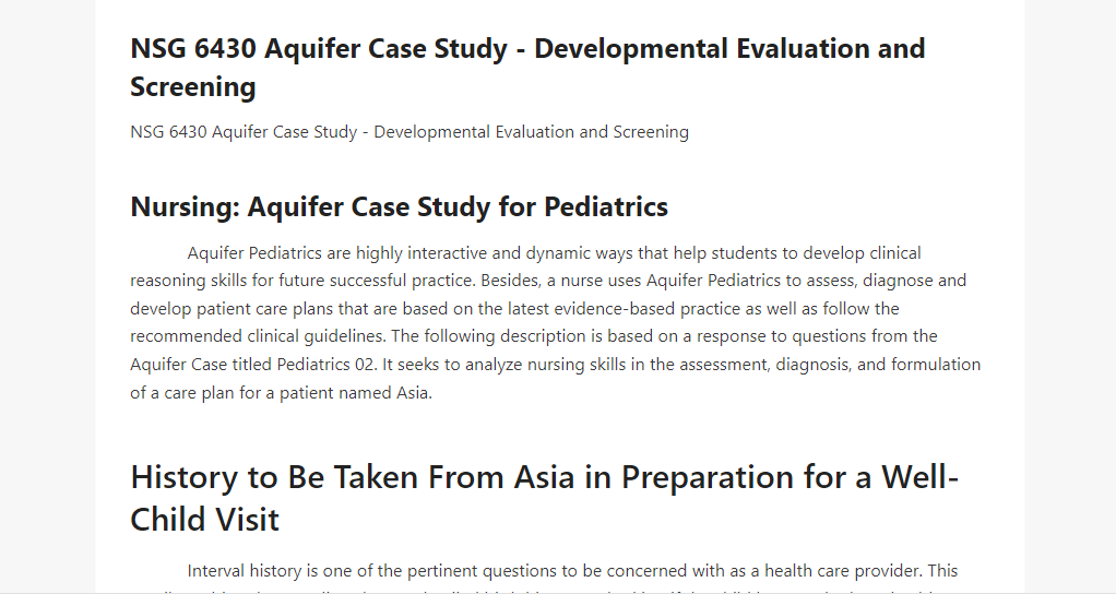 NSG 6430 Aquifer Case Study - Developmental Evaluation and Screening