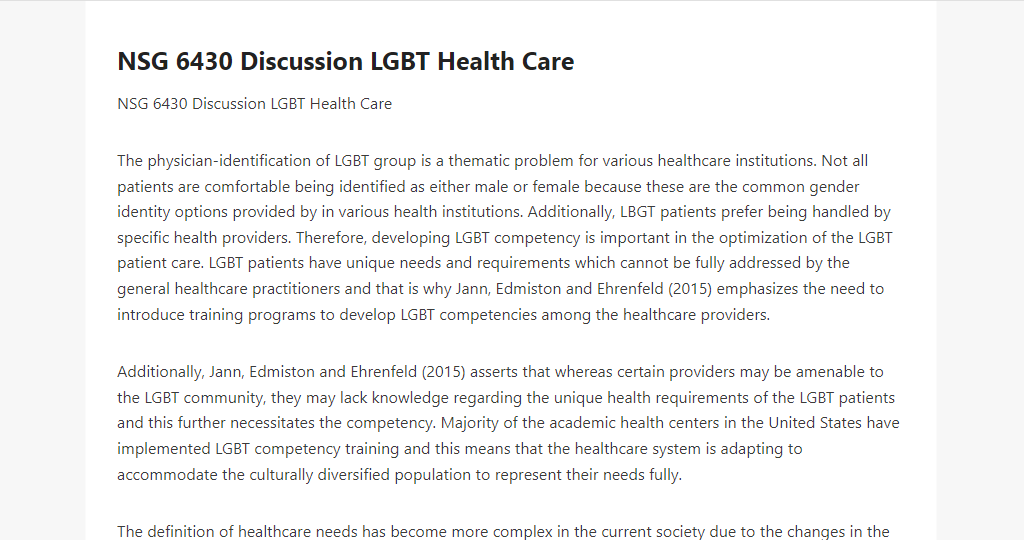 NSG 6430 Discussion LGBT Health Care