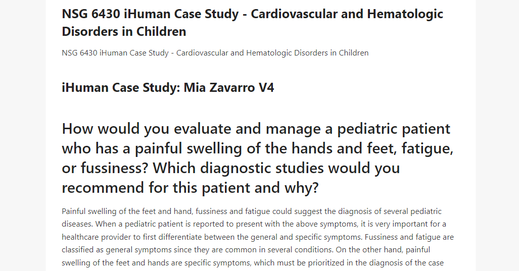 NSG 6430 iHuman Case Study - Cardiovascular and Hematologic Disorders in Children