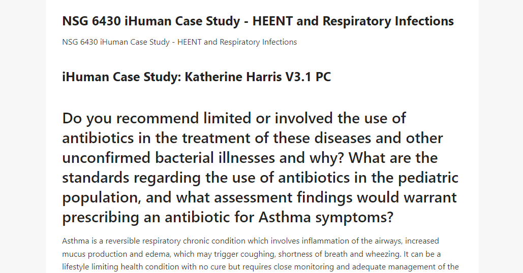 NSG 6430 iHuman Case Study - HEENT and Respiratory Infections