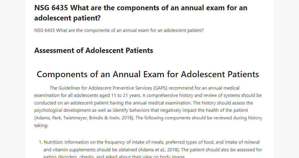 NSG 6435 What are the components of an annual exam for an adolescent patient
