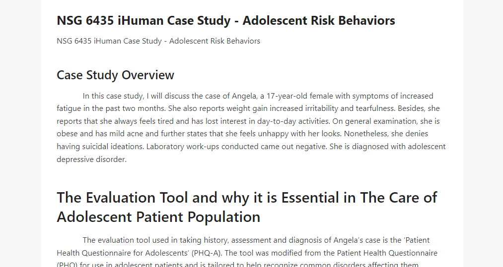 NSG 6435 iHuman Case Study - Adolescent Risk Behaviors
