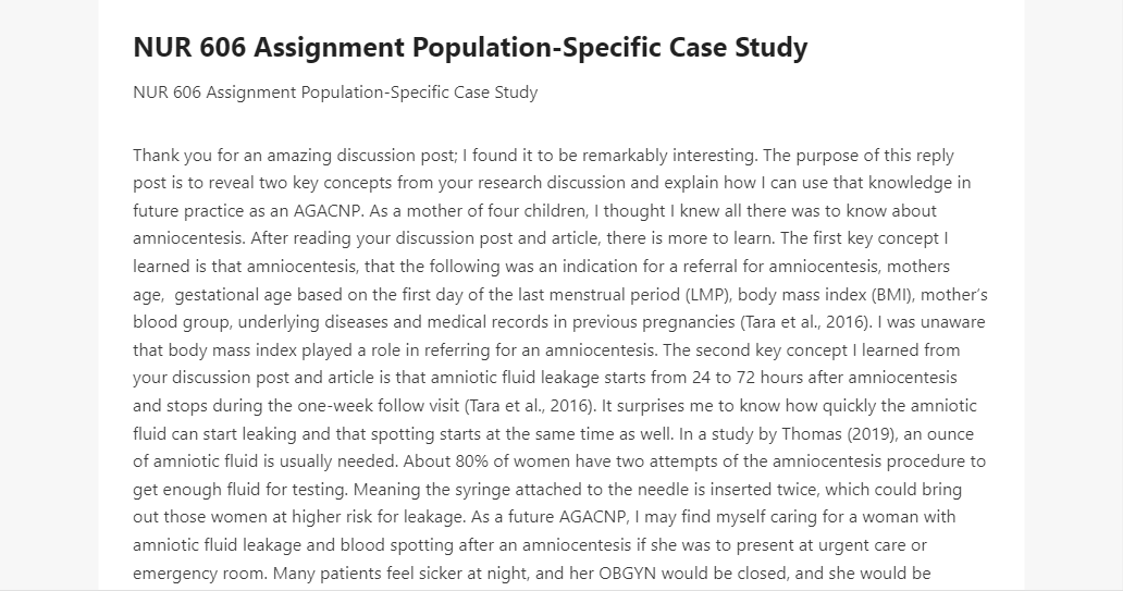 NUR 606 Assignment Population-Specific Case Study