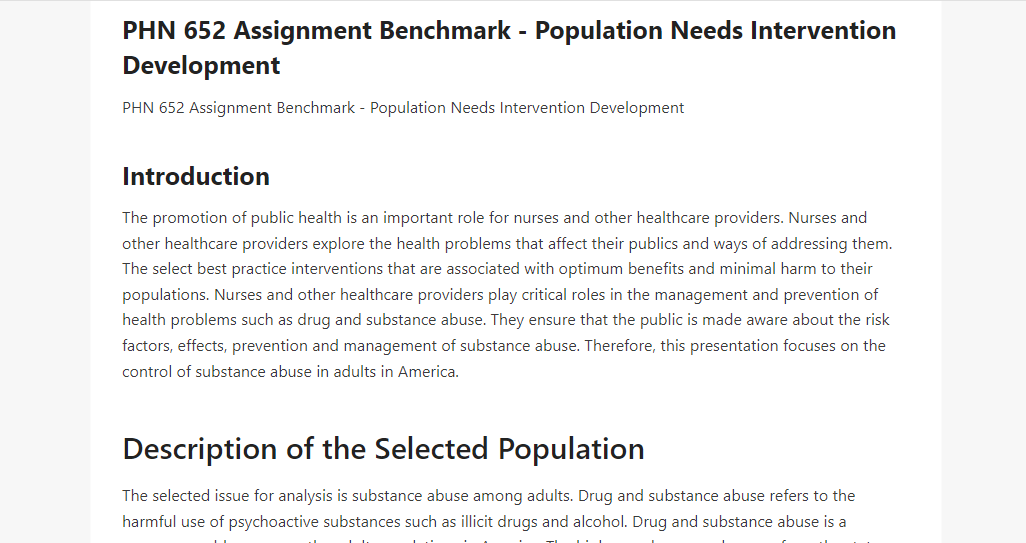 PHN 652 Assignment Benchmark - Population Needs Intervention Development