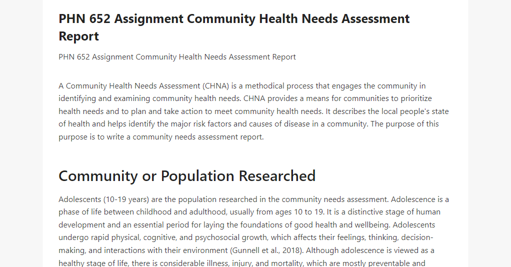 PHN 652 Assignment Community Health Needs Assessment Report