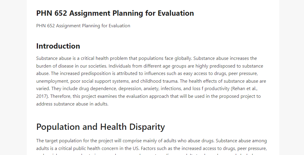 PHN 652 Assignment Planning for Evaluation