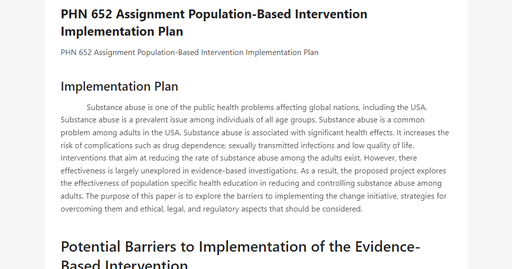 PHN 652 Assignment Population-Based Intervention Implementation Plan