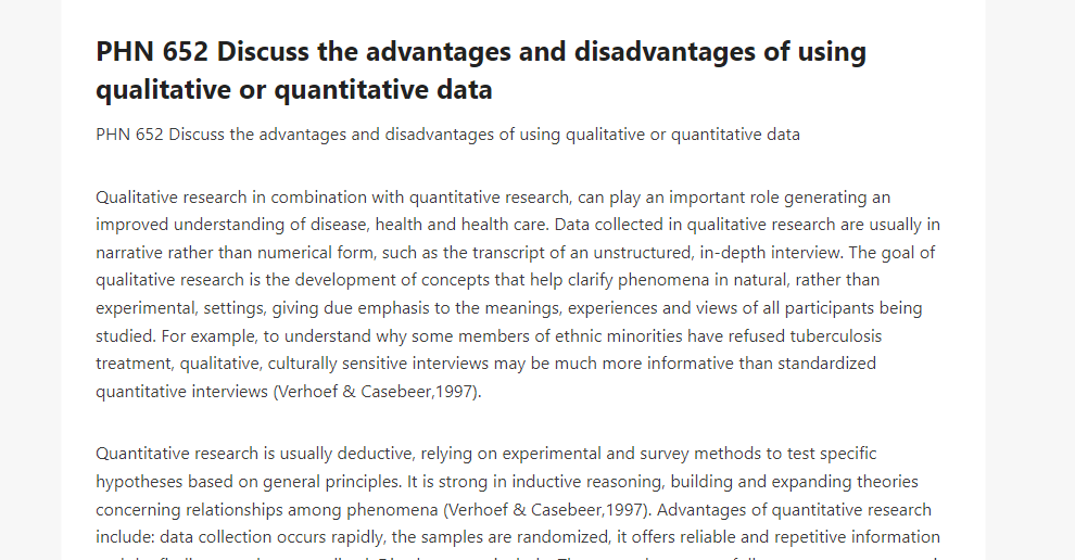 PHN 652 Discuss the advantages and disadvantages of using qualitative or quantitative data