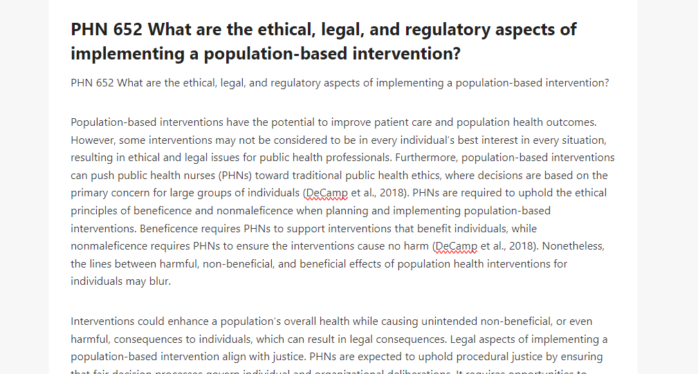 PHN 652 What are the ethical, legal, and regulatory aspects of implementing a population-based intervention