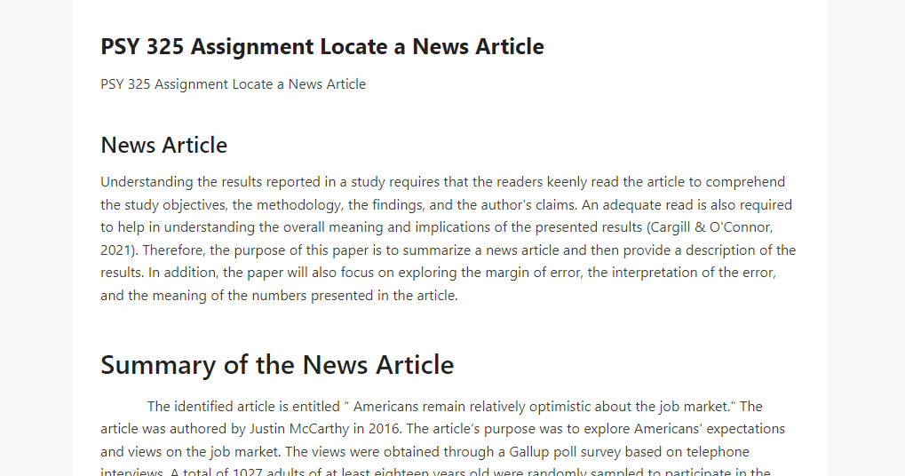 PSY 325 Assignment Locate a News Article 
