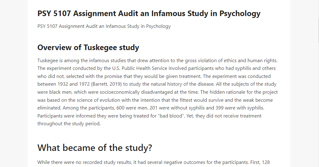 PSY 5107 Assignment Audit an Infamous Study in Psychology