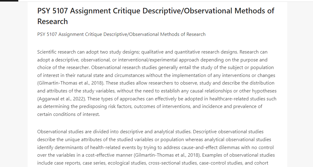 PSY 5107 Assignment Critique Descriptive Observational Methods of Research