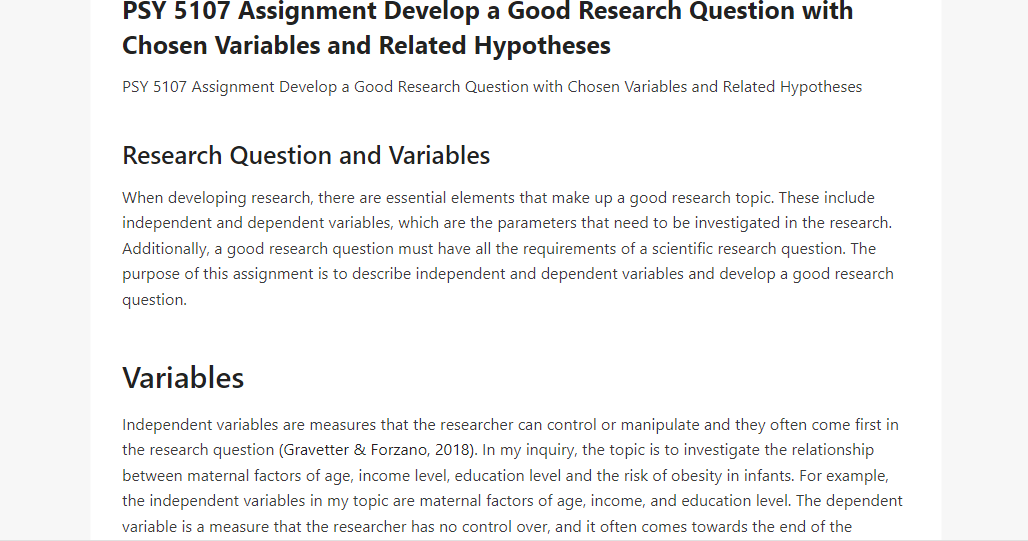 PSY 5107 Assignment Develop a Good Research Question with Chosen Variables and Related Hypotheses