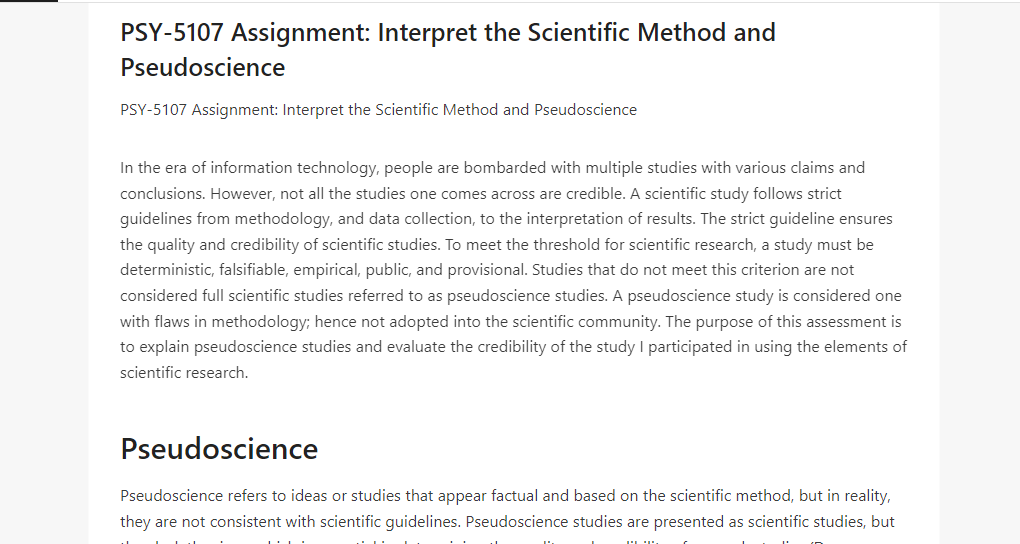 PSY-5107 Assignment Interpret the Scientific Method and Pseudoscience