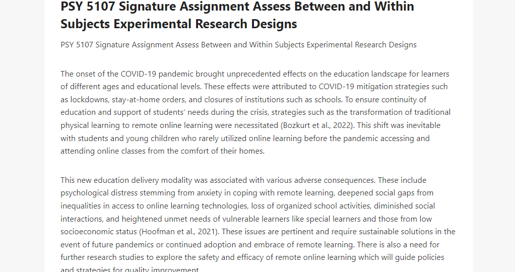 PSY 5107 Signature Assignment Assess Between and Within Subjects Experimental Research Designs