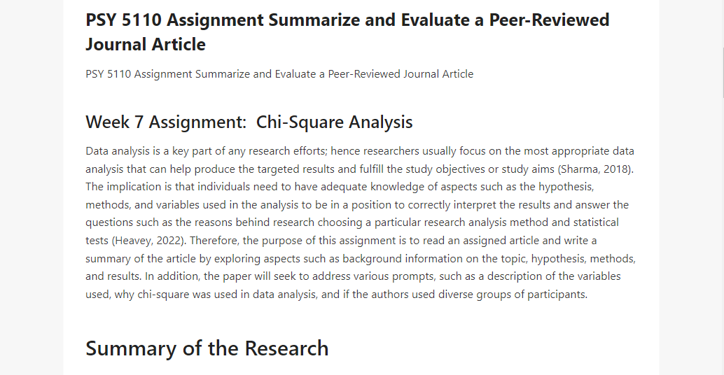 PSY 5110 Assignment Summarize and Evaluate a Peer-Reviewed Journal Article 