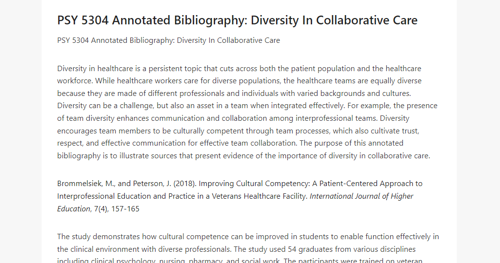PSY 5304 Annotated Bibliography Diversity In Collaborative Care