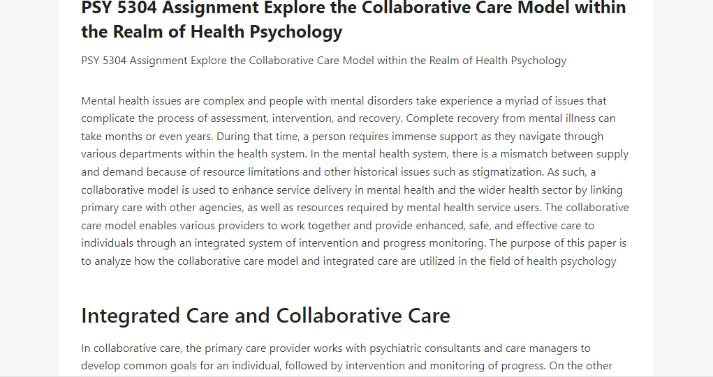 PSY 5304 Assignment Explore the Collaborative Care Model within the Realm of Health Psychology
