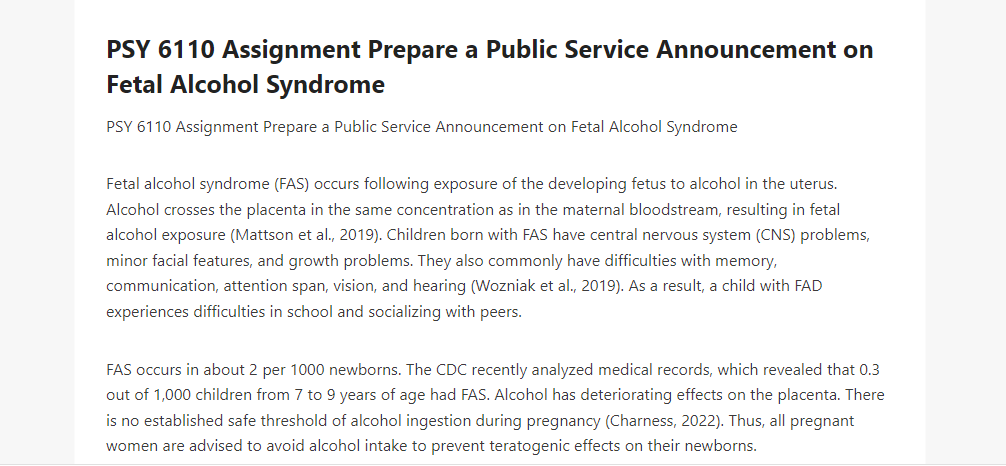 PSY 6110 Assignment Prepare a Public Service Announcement on Fetal Alcohol Syndrome