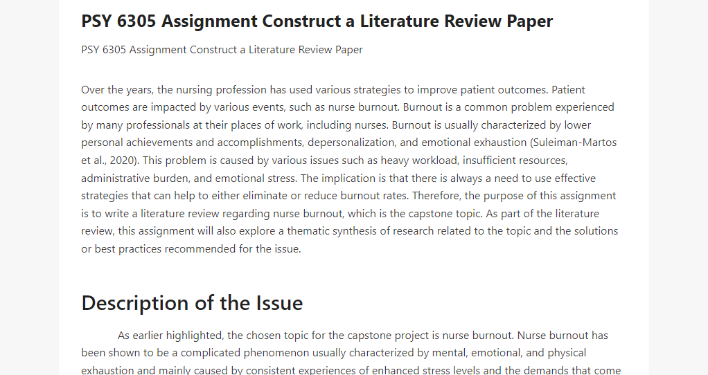 PSY 6305 Assignment Construct a Literature Review Paper