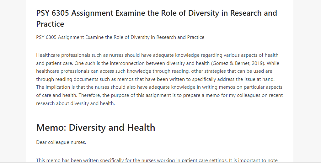 PSY 6305 Assignment Examine the Role of Diversity in Research and Practice