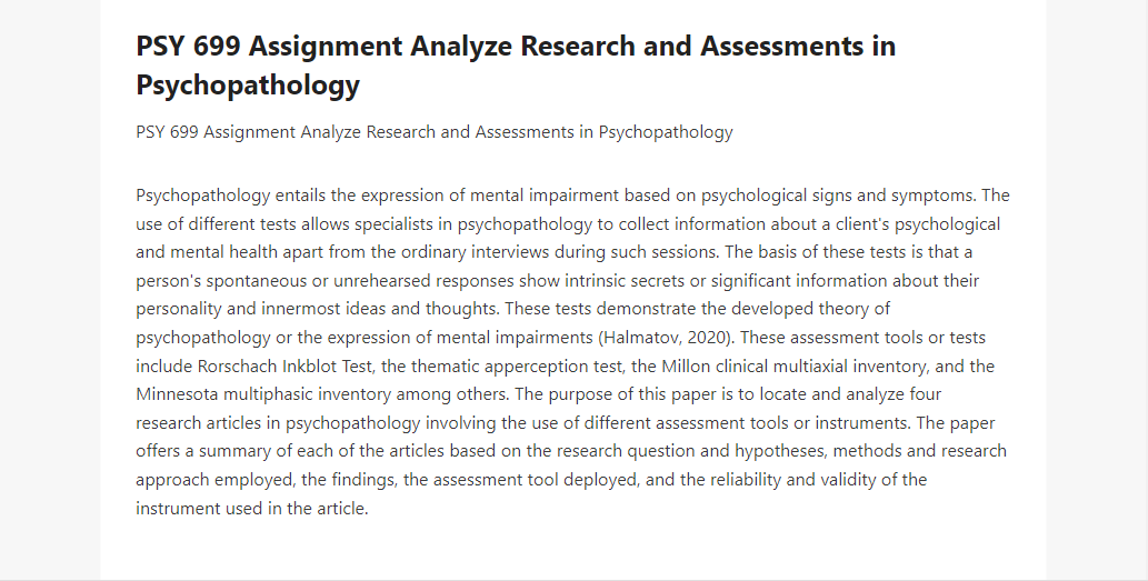 PSY 699 Assignment Analyze Research and Assessments in Psychopathology  