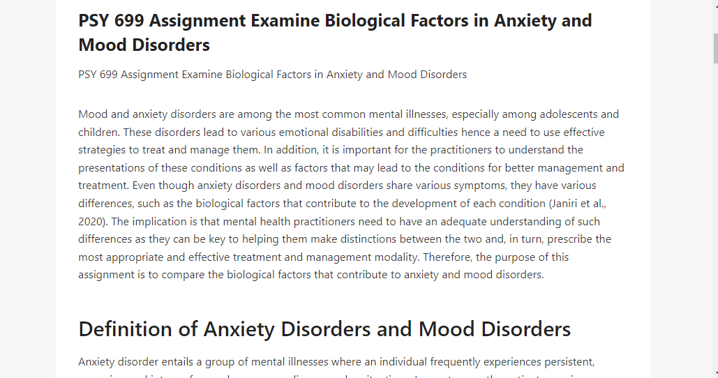 PSY 699 Assignment Examine Biological Factors in Anxiety and Mood Disorders