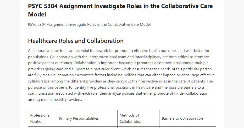 PSYC 5304 Assignment Investigate Roles in the Collaborative Care Model 