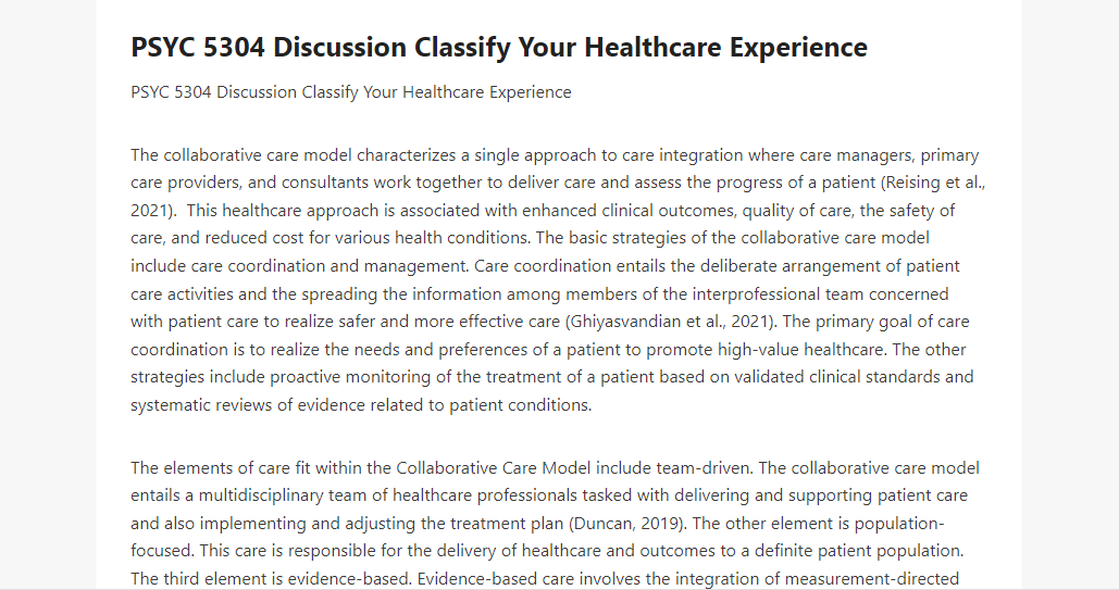 PSYC 5304 Discussion Classify Your Healthcare Experience 