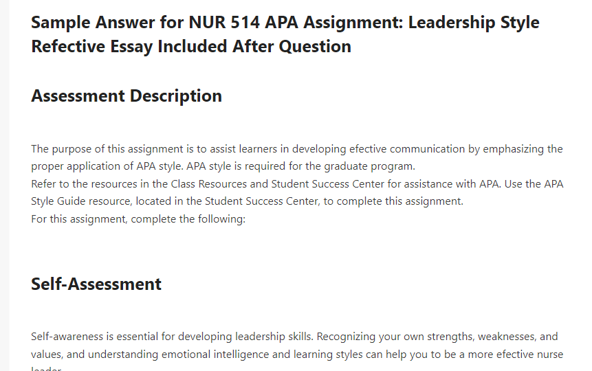 NUR 514 APA Assignment Leadership Style Refective Essay