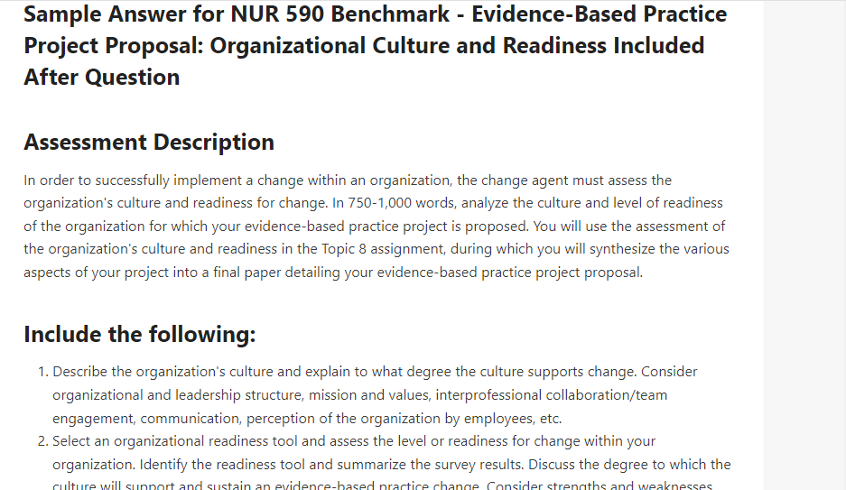 NUR 590 Benchmark - Evidence-Based Practice Project Proposal Organizational Culture and Readiness