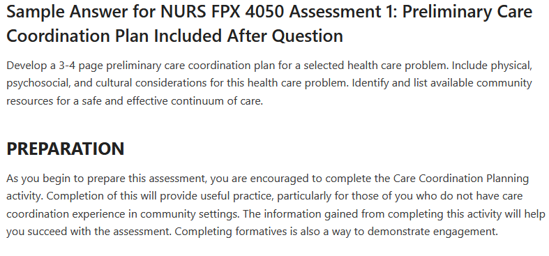 NURS FPX 4050 Assessment 1: Preliminary Care Coordination Plan