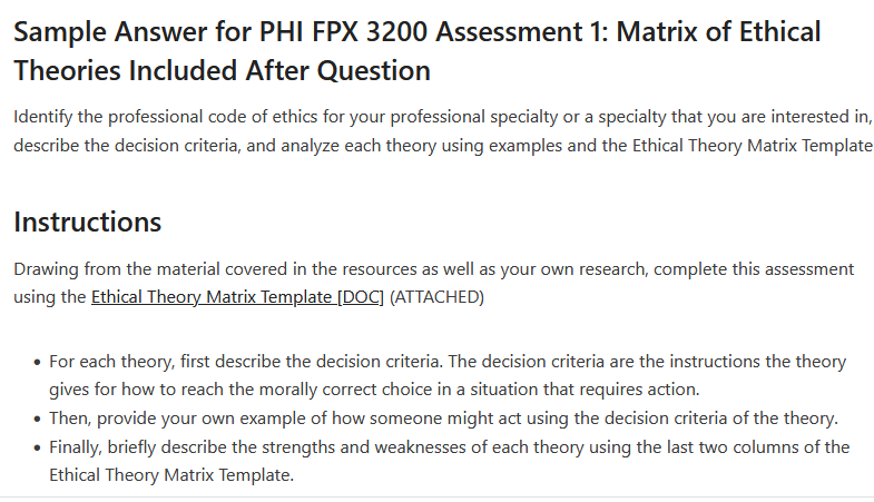 PHI FPX 3200 Assessment 1: Matrix of Ethical Theories