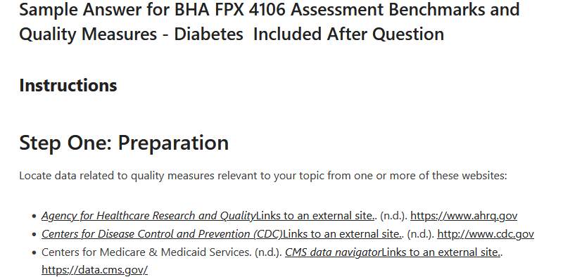 BHA FPX 4106 Assessment Benchmarks and Quality Measures - Diabetes 