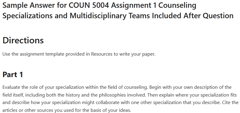 COUN 5004 Assignment 1 Counseling Specializations and Multidisciplinary Teams