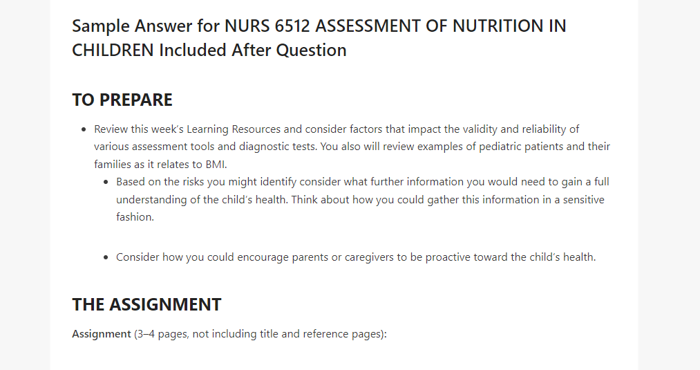 NURS 6512 ASSESSMENT OF NUTRITION IN CHILDREN